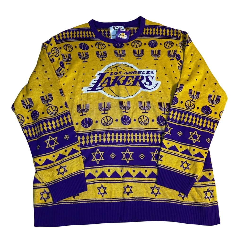 Los Angeles Lakers Mens 2X Large Ugly Hanukkah Sweater Yellow Purple Acrylic